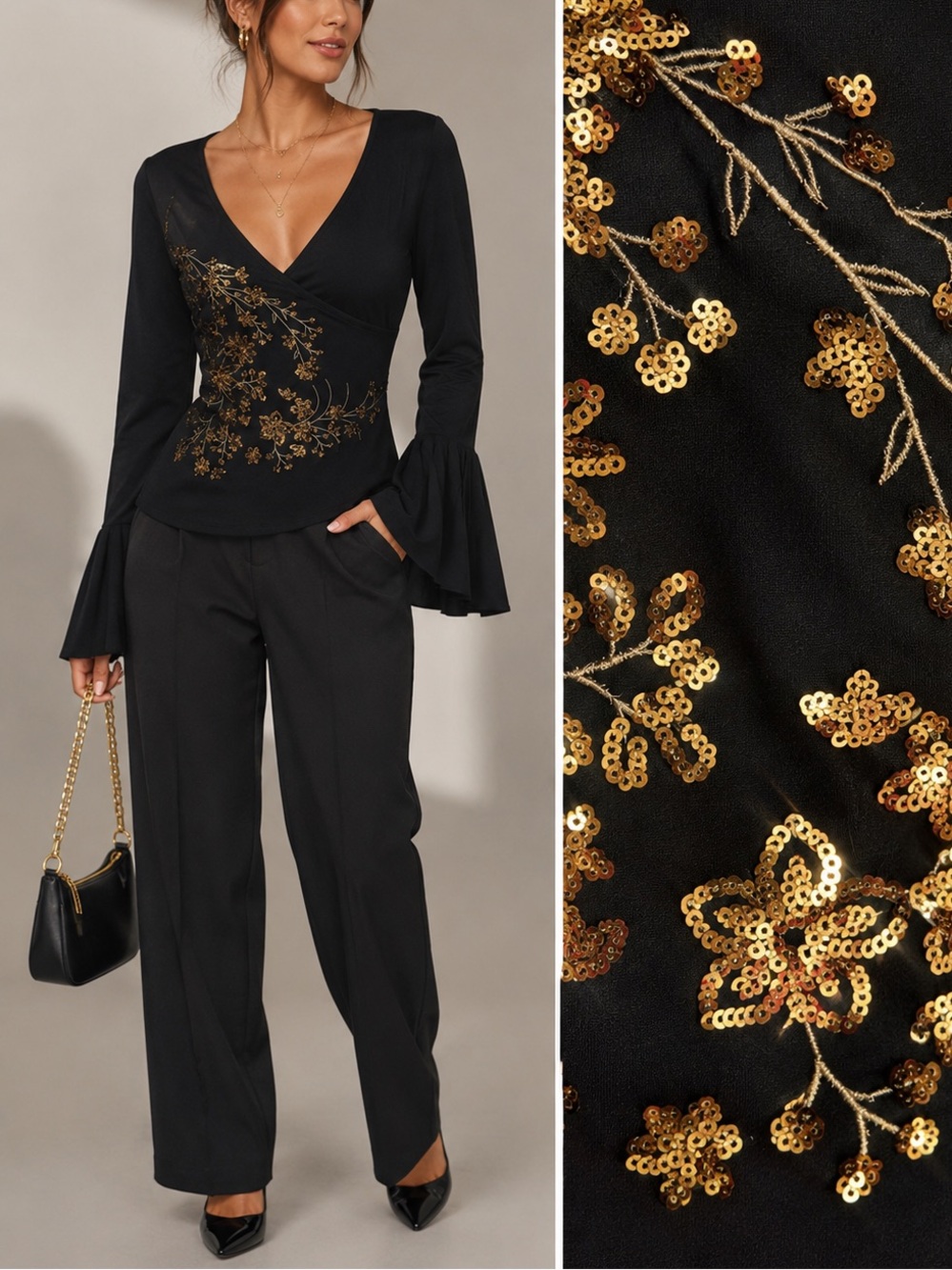 Women’s Black V-Neck Sequin Floral Wrap Top